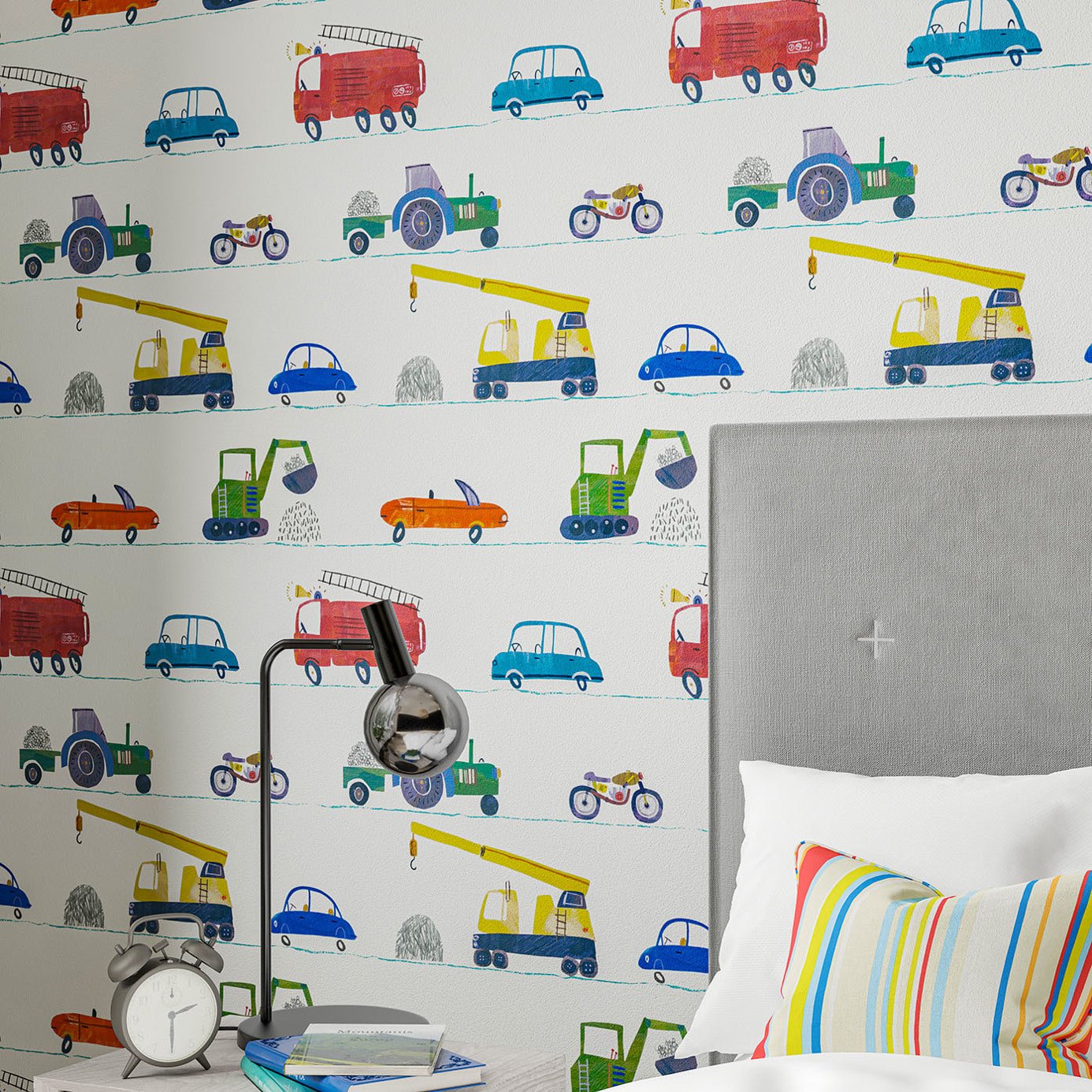 Just Keep Trucking Wallpaper - Tomato/Marine/Gecko - HLTF112643 - Harlequin - Premier Wallcovering