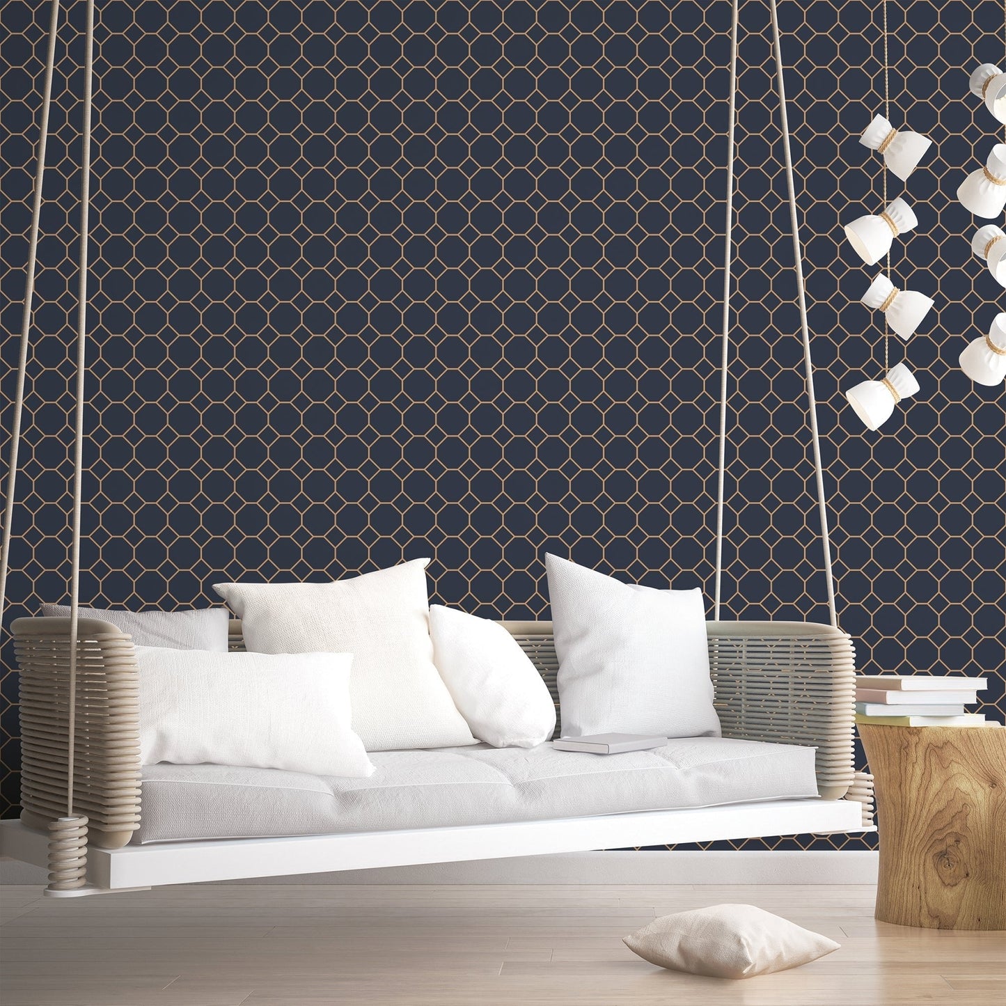 Just Kitchens Bee Hive Wallpaper - Navy / Gold - Galerie - G45403 - Premier Wallcovering