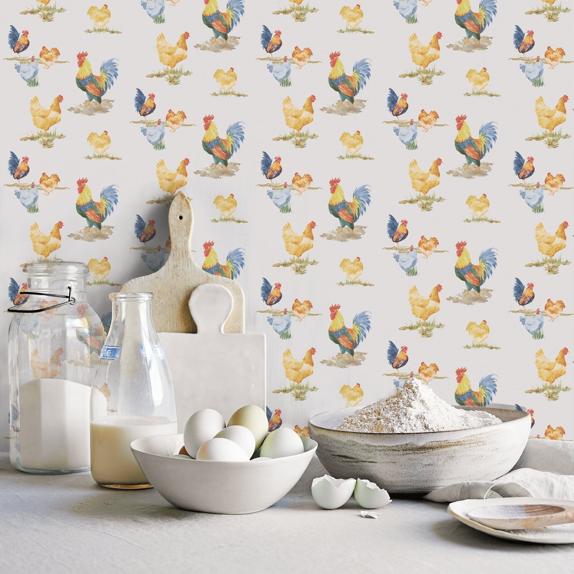 Just Kitchens Free Range Wallpaper - Blue / Yellow / Red - Galerie - G45416 - Premier Wallcovering