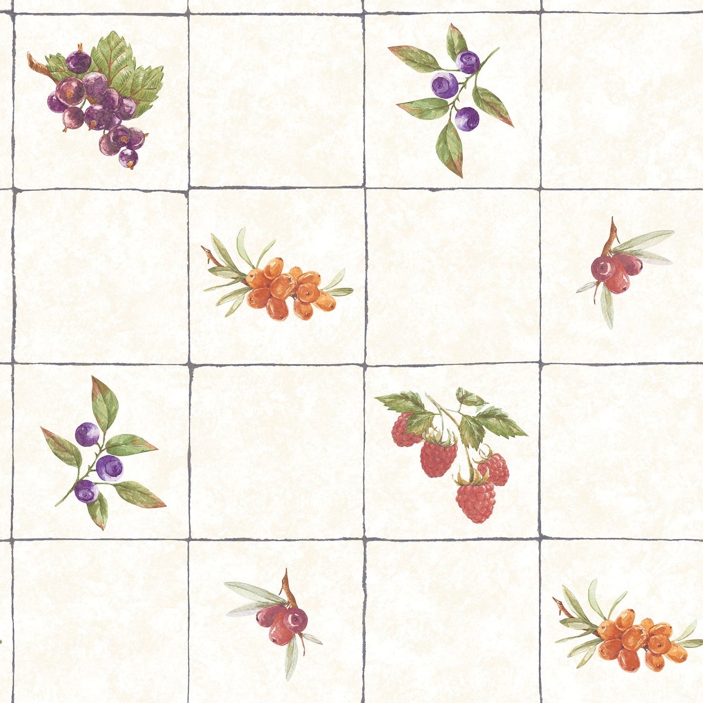 Just Kitchens Fruit Tile Wallpaper - Cream / Red / Purple / Orange - Galerie - G45418 - Premier Wallcovering