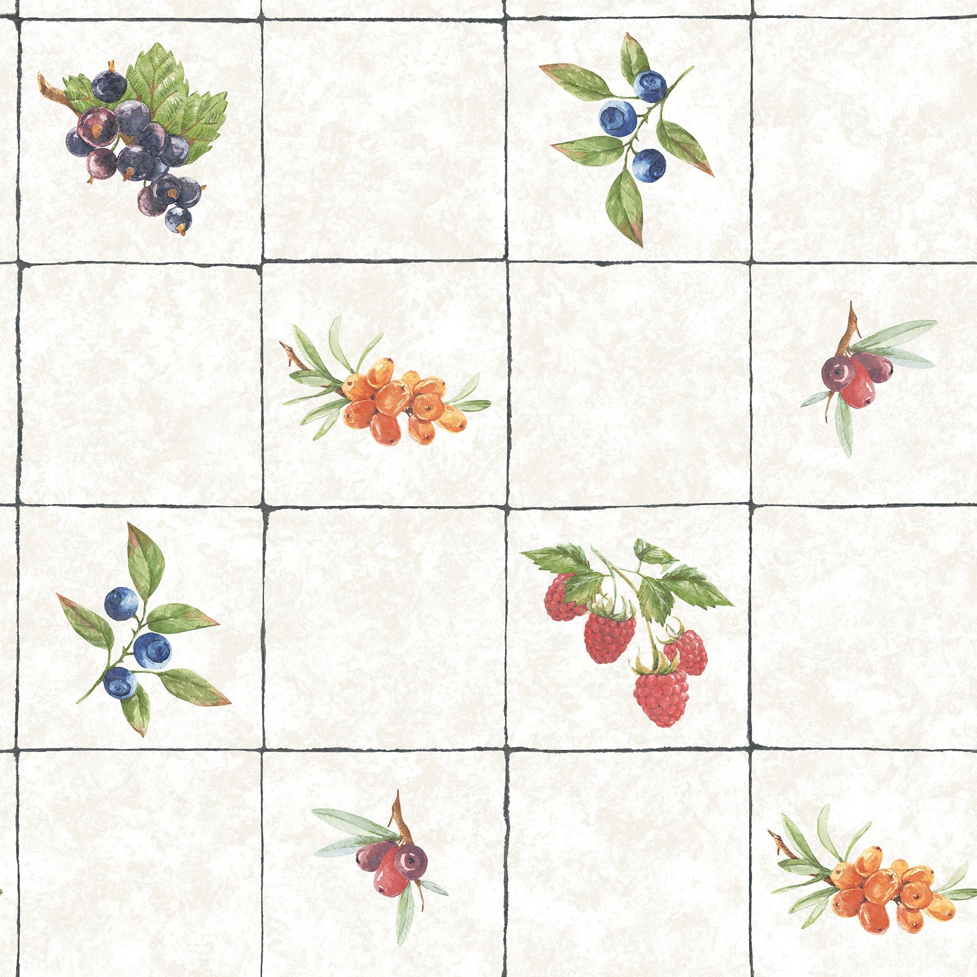 Just Kitchens Fruit Tile Wallpaper - Taupe / Red / Blue - Galerie - G45417 - Premier Wallcovering