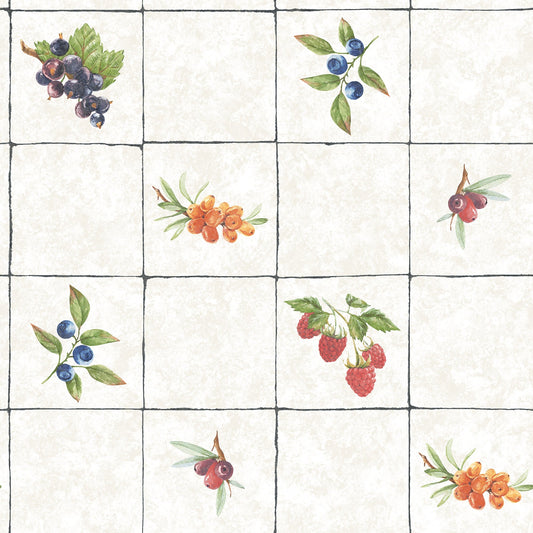 Just Kitchens Fruit Tile Wallpaper - Taupe / Red / Blue - Galerie - G45417 - Premier Wallcovering