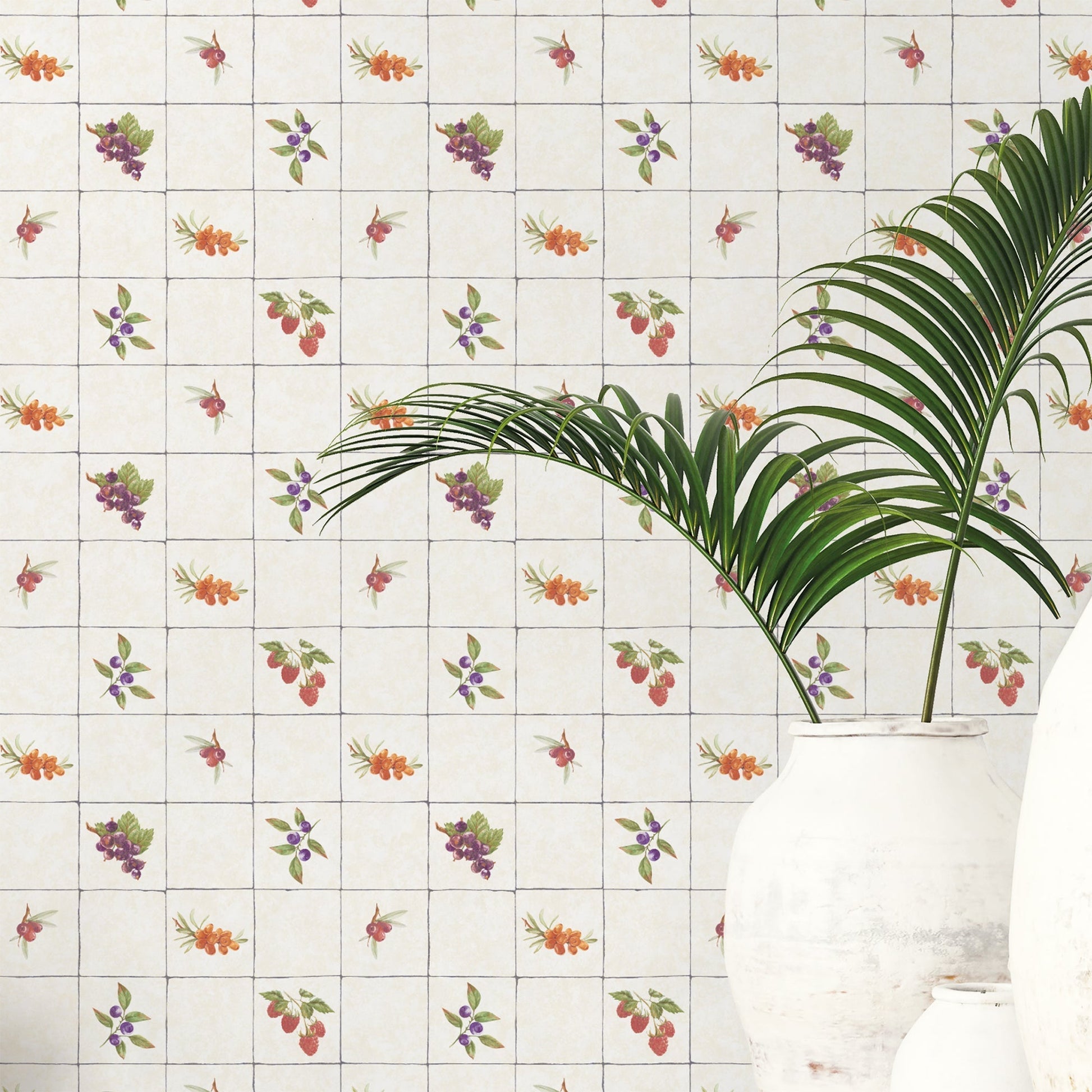 Just Kitchens Fruit Tile Wallpaper - Cream / Red / Purple / Orange - Galerie - G45418 - Premier Wallcovering