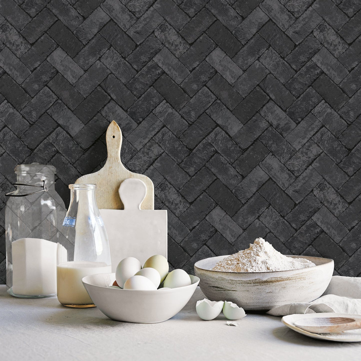 Just Kitchens Herringbone Brick Wallpaper - Black - Galerie - G45426 - Premier Wallcovering