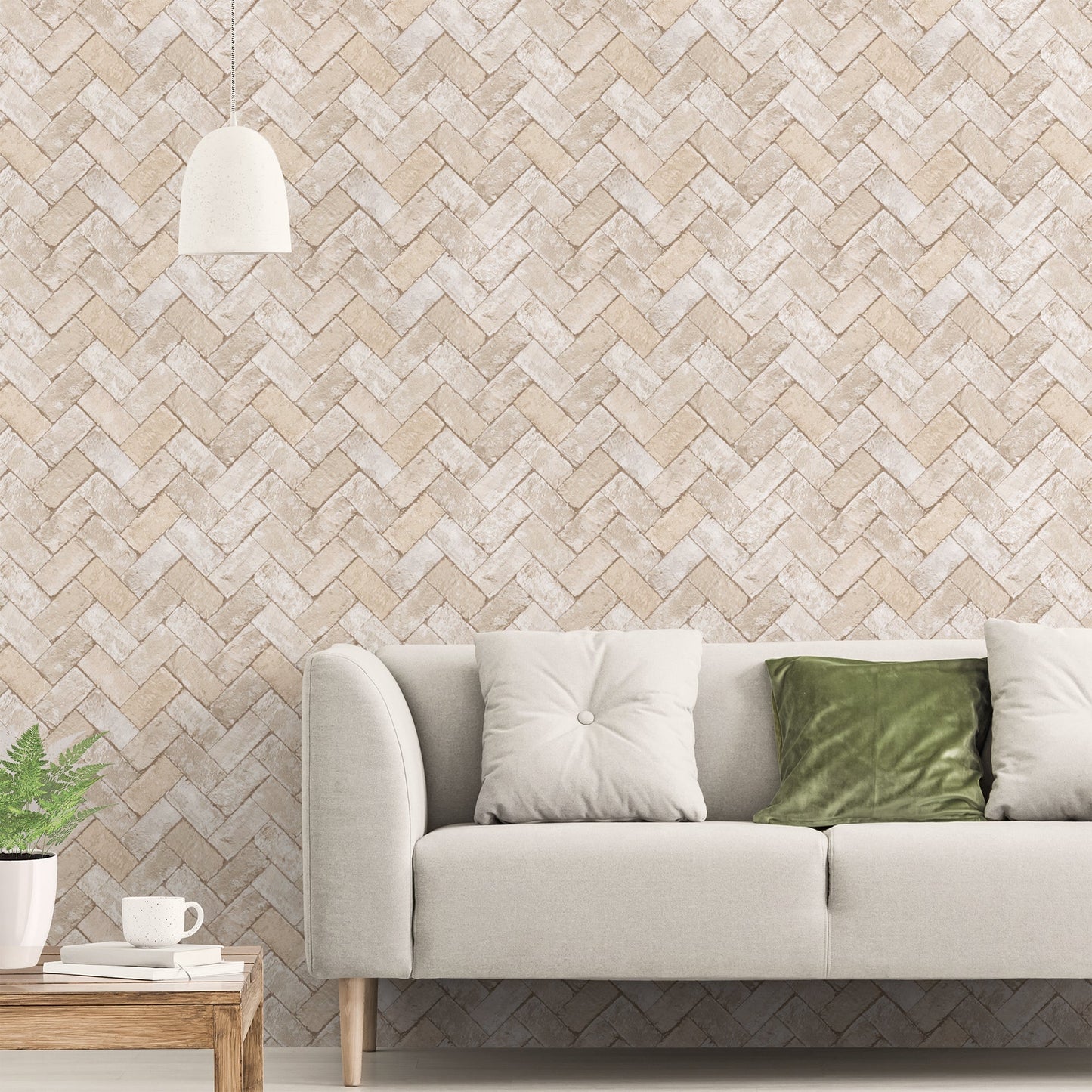 Just Kitchens Herringbone Brick Wallpaper - Beige / Grey - Galerie - G45429 - Premier Wallcovering
