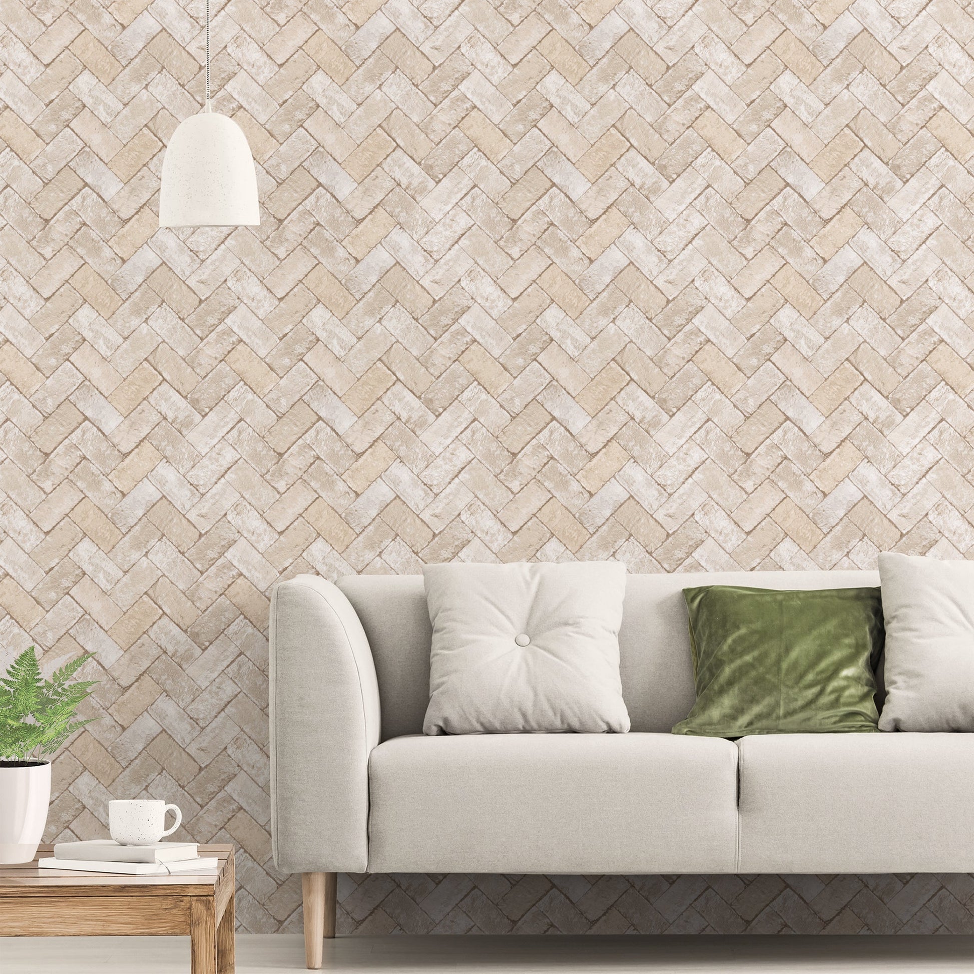 Just Kitchens Herringbone Brick Wallpaper - Beige / Grey - Galerie - G45429 - Premier Wallcovering