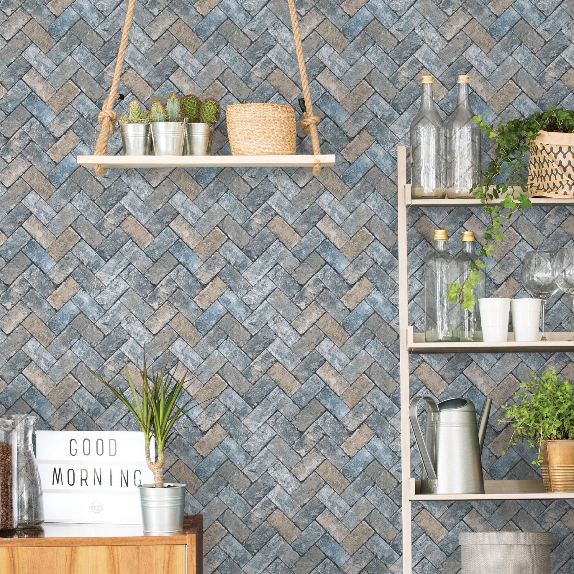 Just Kitchens Herringbone Brick Wallpaper - Blues / Taupe - Galerie - G45425 - Premier Wallcovering