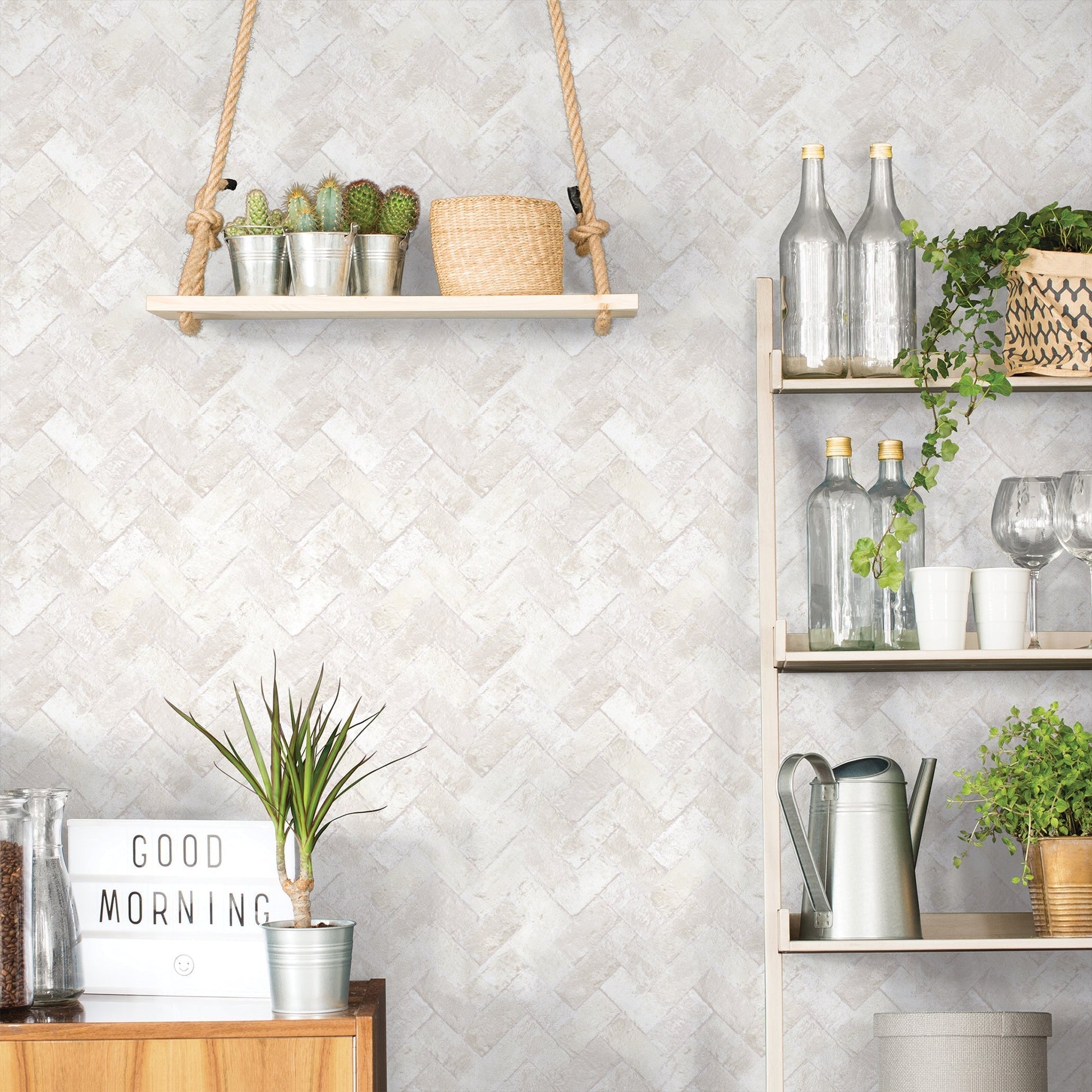 Just Kitchens Herringbone Brick Wallpaper - Beige - Galerie - G45427 - Premier Wallcovering