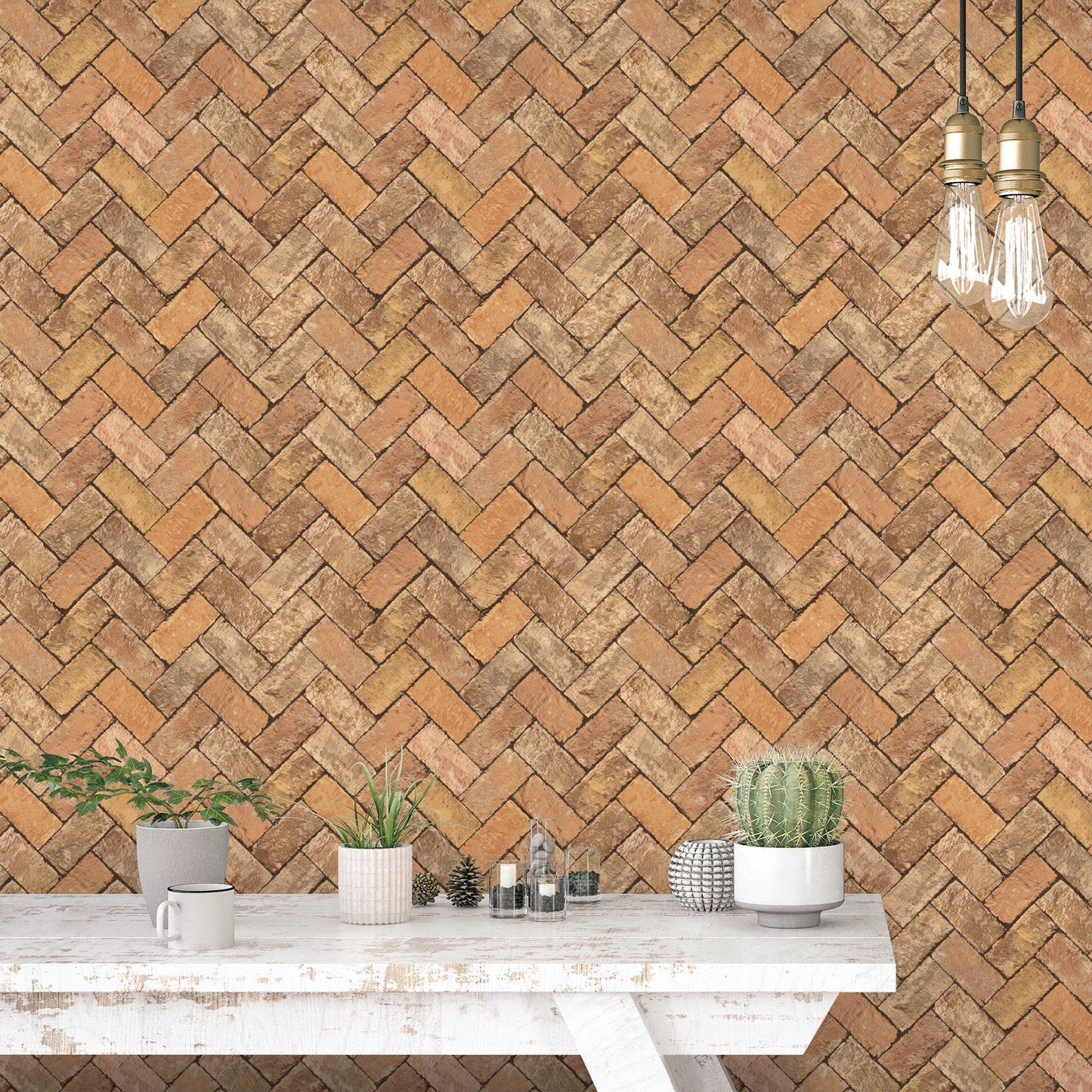 Just Kitchens Herringbone Brick Wallpaper - Orange / Brown - Galerie - G45428 - Premier Wallcovering
