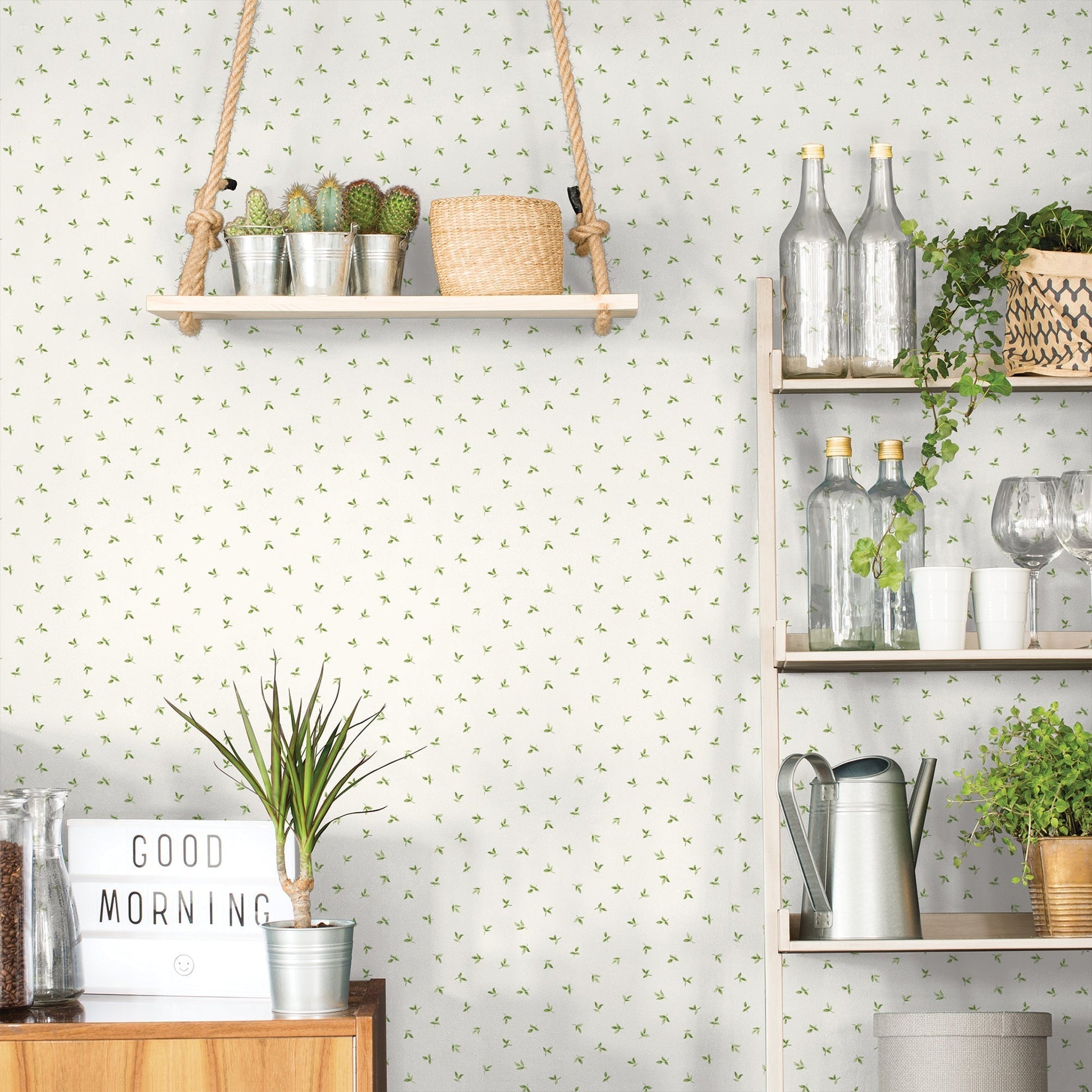 Just Kitchens Leaf Toss Wallpaper - Green / White - Galerie - G45437 - Premier Wallcovering