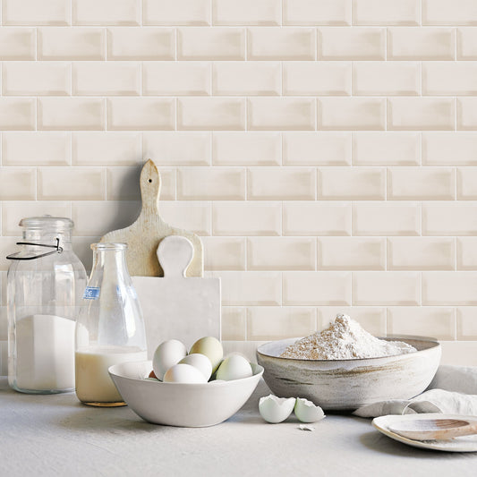 Just Kitchens Metro Tile Wallpaper - Beige - Galerie - G45444 - Premier Wallcovering
