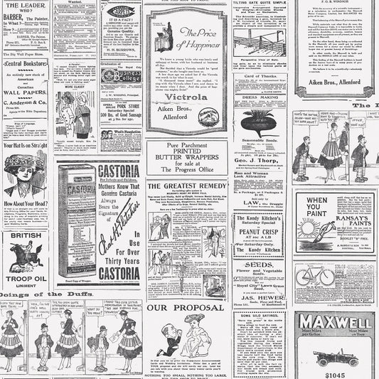 Just Kitchens Newspaper Wallpaper - Black / White - Galerie - G45449 - Premier Wallcovering
