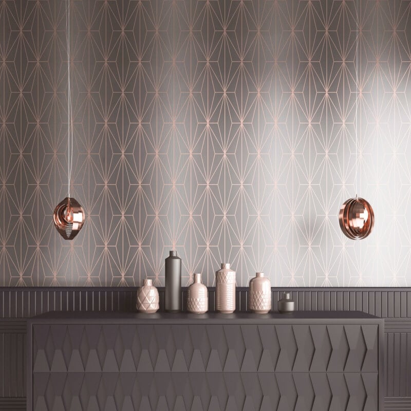 Kayla Geometric Gold Foil Metallic Wallpaper - Grey/Rose - Muriva - 703013 - Premier Wallcovering