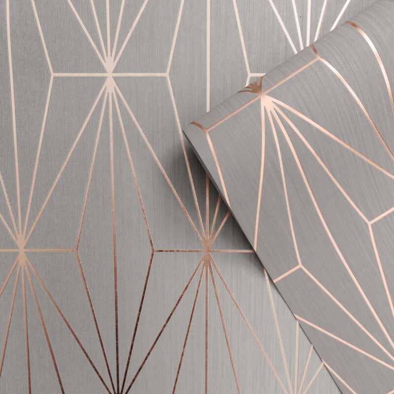 Kayla Geometric Gold Foil Metallic Wallpaper - Grey/Rose - Muriva - 703013 - Premier Wallcovering
