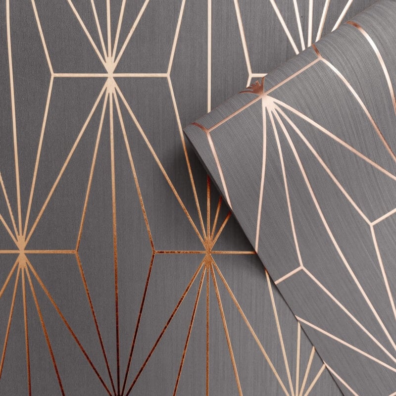 Kayla Geometric Gold Foil Metallic Wallpaper - Charcoal/Rose - Muriva - 703015 - Premier Wallcovering