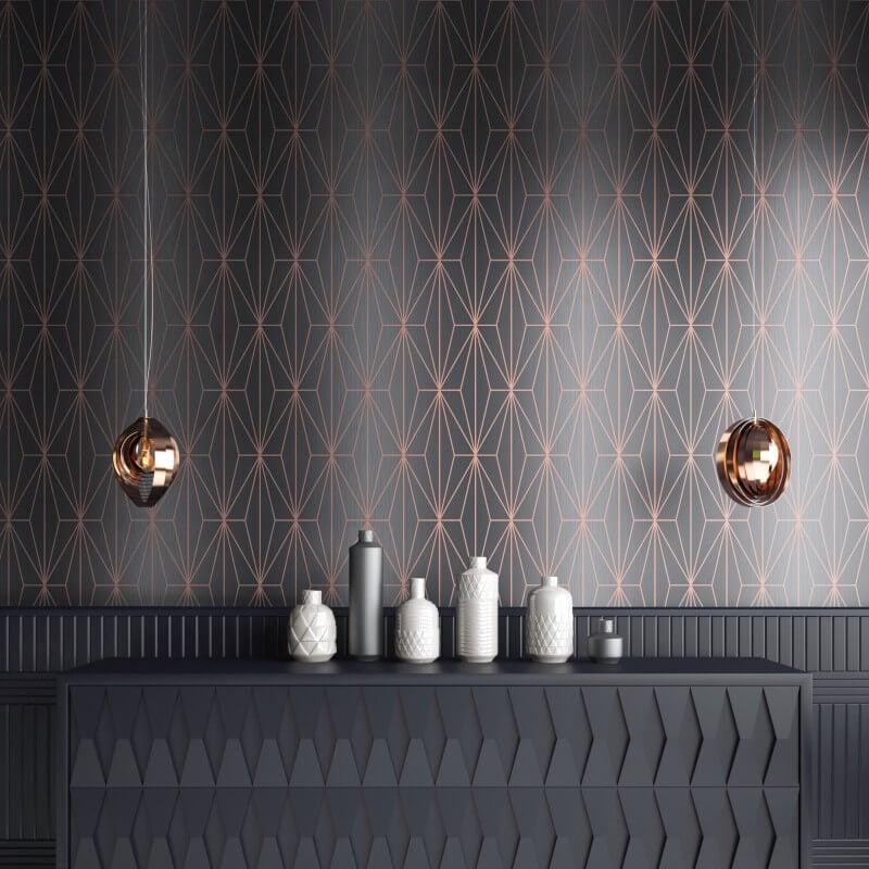 Kayla Geometric Gold Foil Metallic Wallpaper - Charcoal/Rose - Muriva - 703015 - Premier Wallcovering