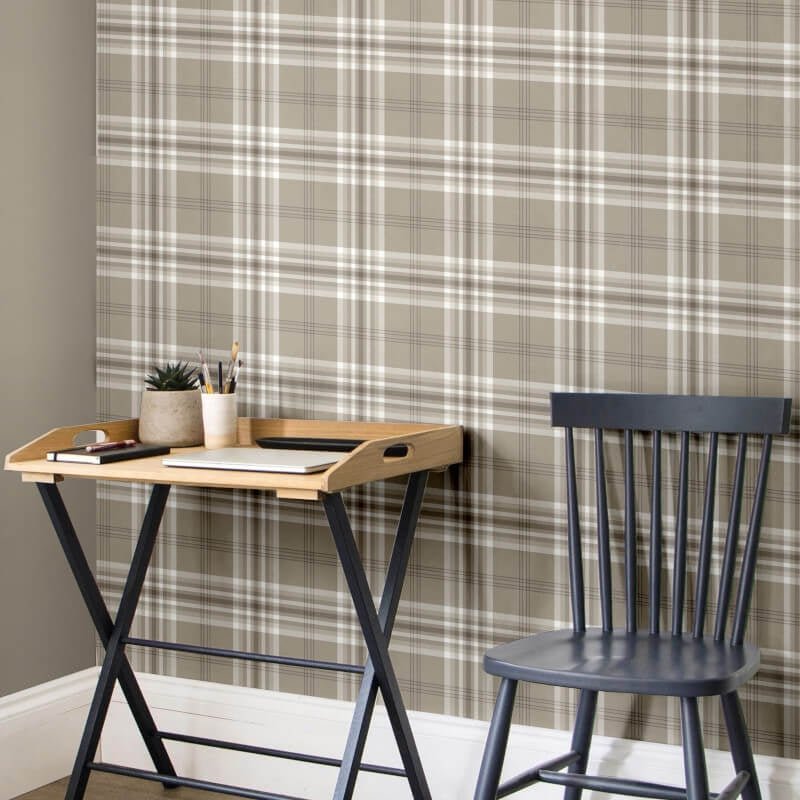 Kelso Check Wallpaper - Mushroom - Catherine Lansfield - 165522 - Premier Wallcovering