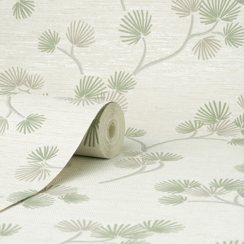 Kira Oriental Floral Tree Metallic Wallpaper - Green/Grey - Fine Décor - FD43310 - Premier Wallcovering