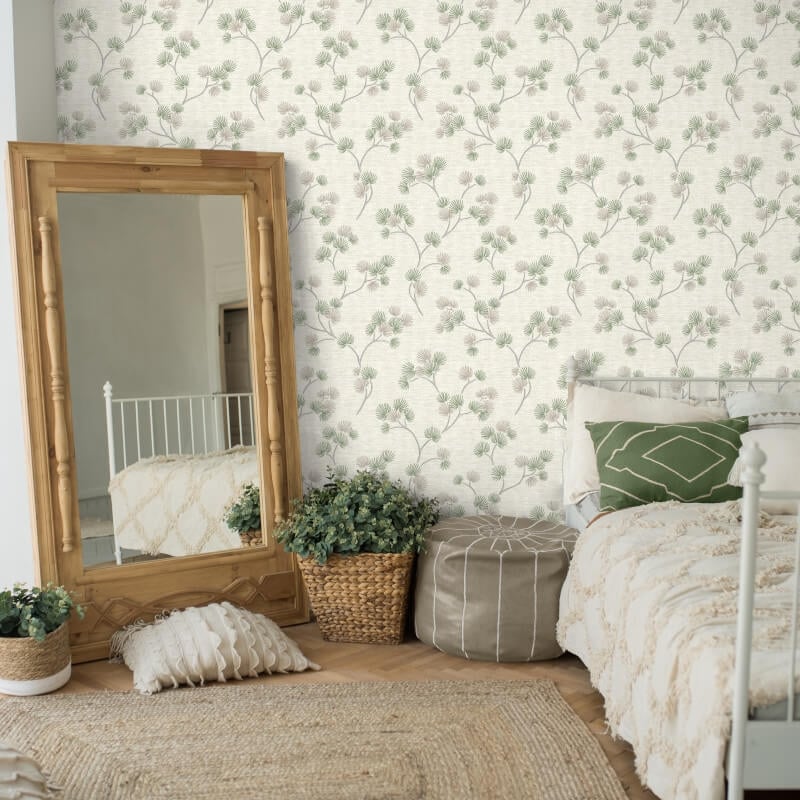 Kira Oriental Floral Tree Metallic Wallpaper - Green/Grey - Fine Décor - FD43310 - Premier Wallcovering