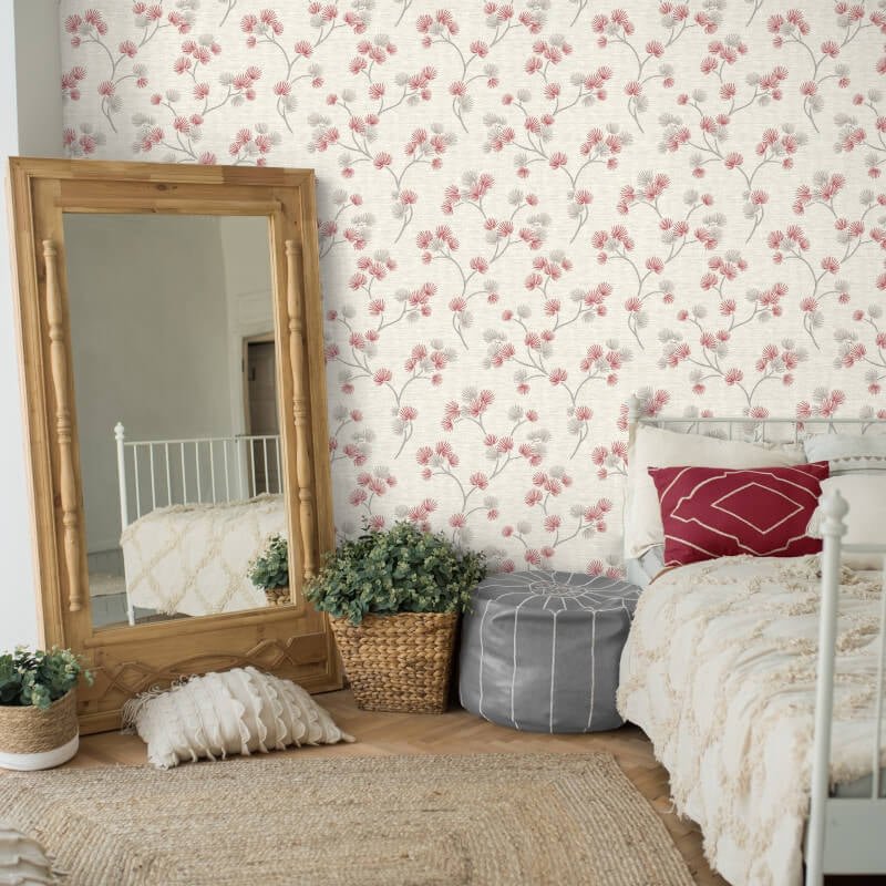 Kira Oriental Floral Tree Metallic Wallpaper - Red/Grey - Fine Décor - FD43311 - Premier Wallcovering