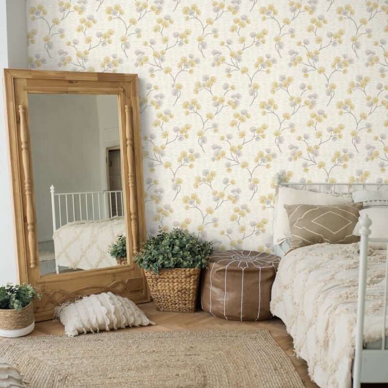 Kira Oriental Floral Tree Metallic Wallpaper - Mustard/Grey - Fine Décor - FD43309 - Premier Wallcovering