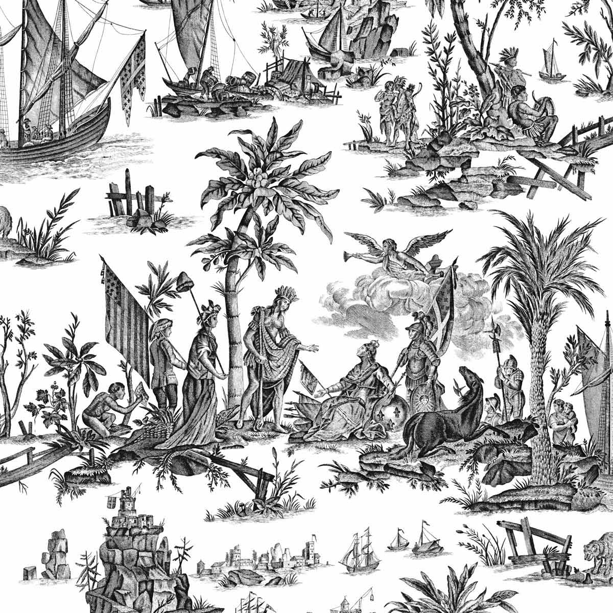La Fayette Toile Wallpaper - Black & White - Charles Burger - PP1597005 - Premier Wallcovering