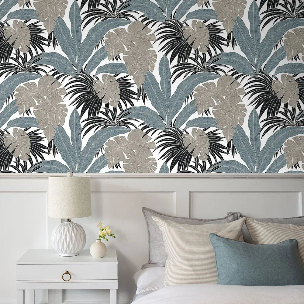 Laguna Leaf Wallpaper - Bluestone & Grey - NextWall - NW58708 - Premier Wallcovering