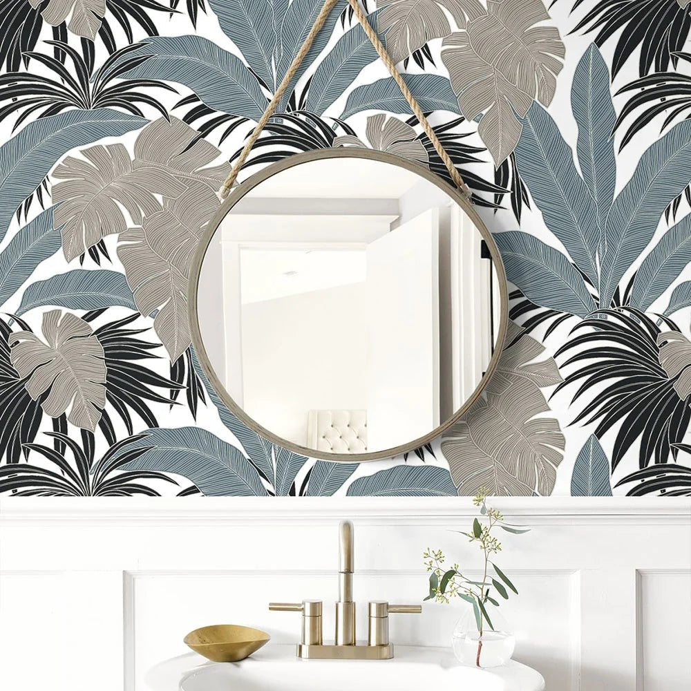 Laguna Leaf Wallpaper - Bluestone & Grey - NextWall - NW58708 - Premier Wallcovering