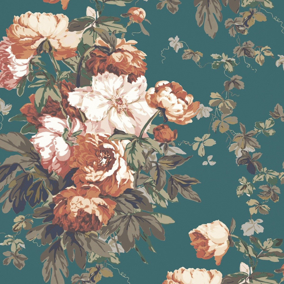 Large Peonies Wallpaper - Teal - Warner House - Premier Wallcovering