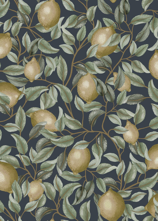 Lemon Trees Wallpaper - Olive Green - Summer Gray - Premier Wallcovering