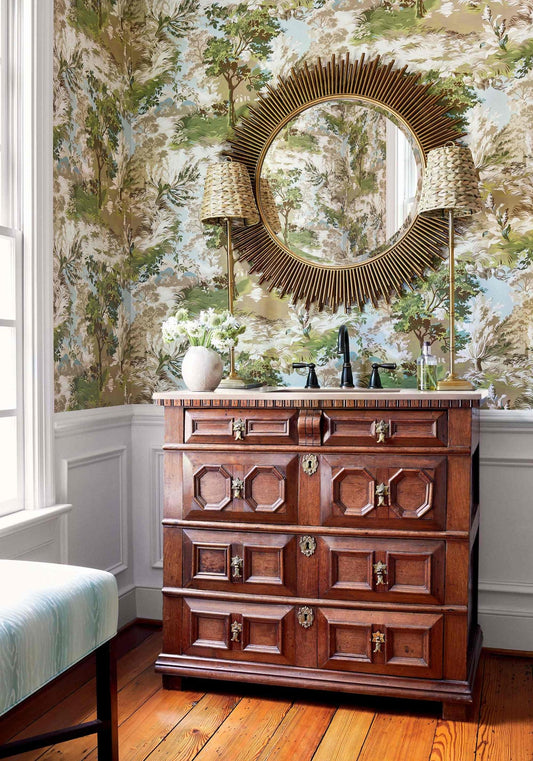 Lincoln Toile Wallpaper - Blue & Flax - Thibaut - T10864 - Premier Wallcovering