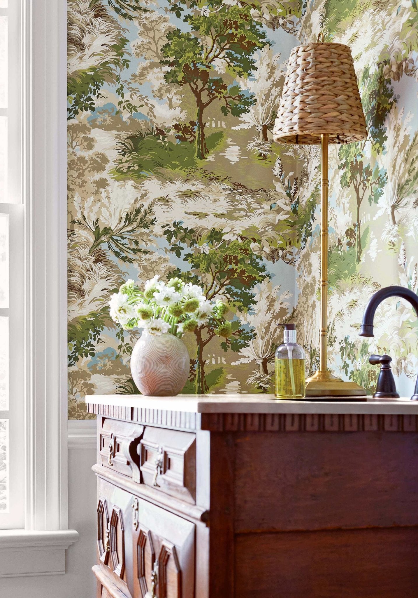 Lincoln Toile Wallpaper - Blue & Flax - Thibaut - T10864 - Premier Wallcovering