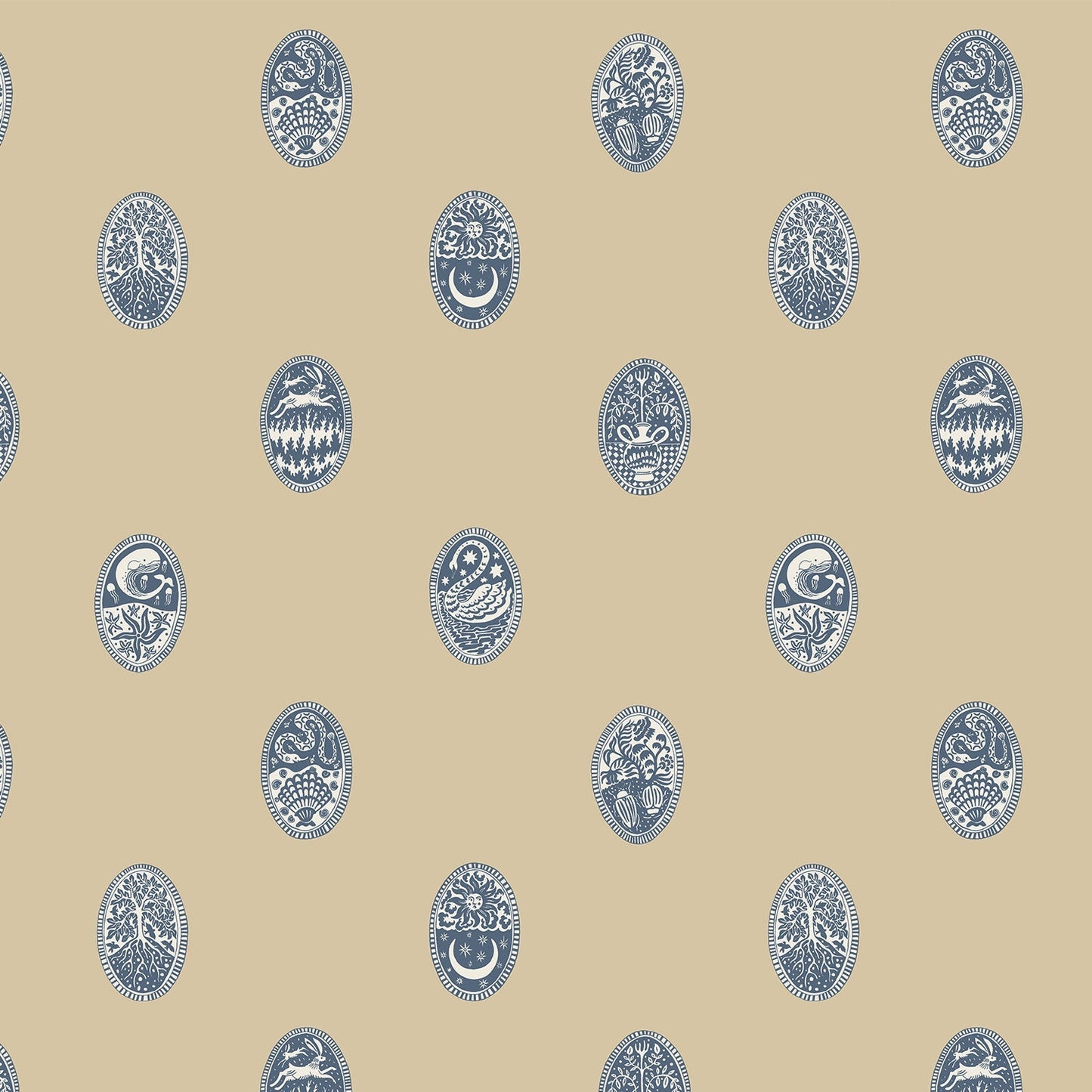 Linear Cameos Wallpaper - Shell, Churt Blue and Cliffwell Stone - Josephine Munsey - LIN-057-061-015 - Premier Wallcovering