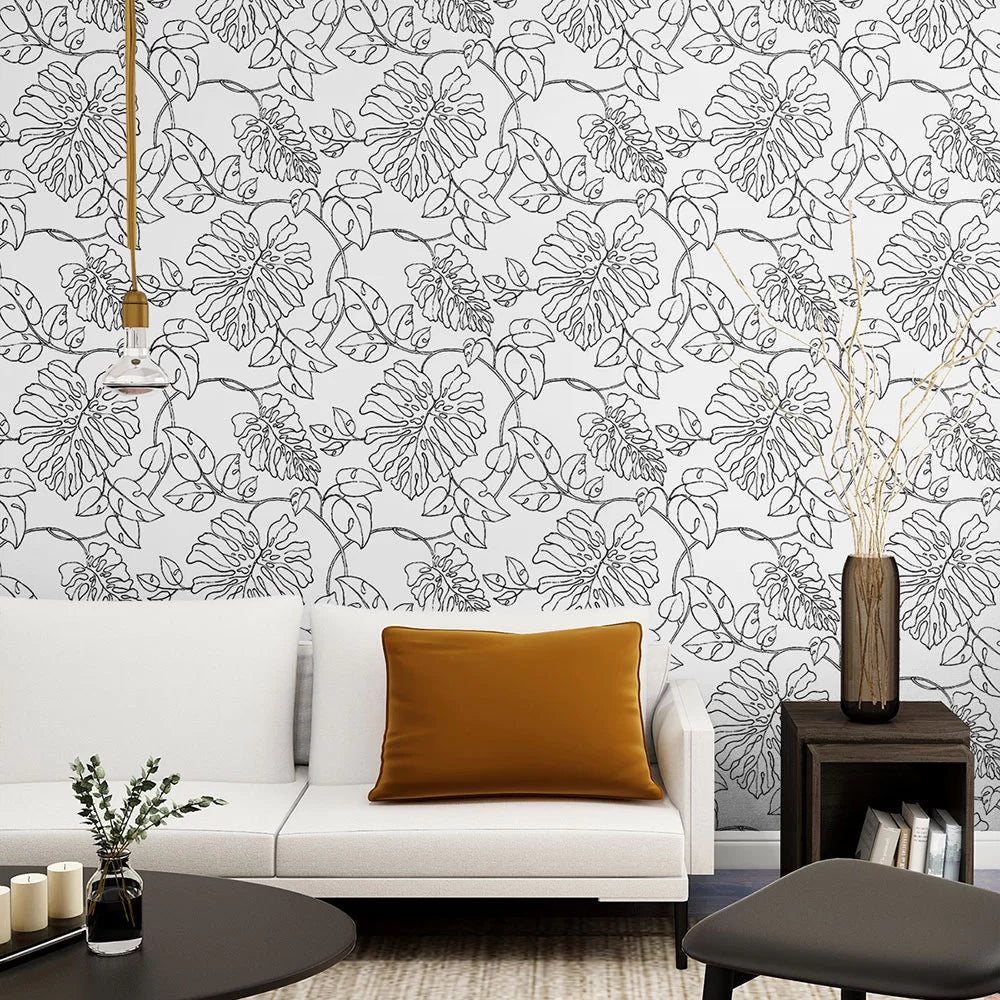 Linear Leaf Wallpaper - Black/White - NextWall - NW40508 - Premier Wallcovering