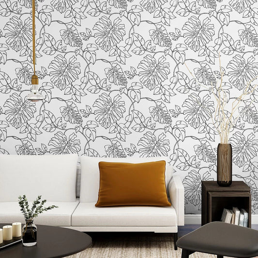 Linear Leaf Wallpaper - Black/White - NextWall - NW40508 - Premier Wallcovering