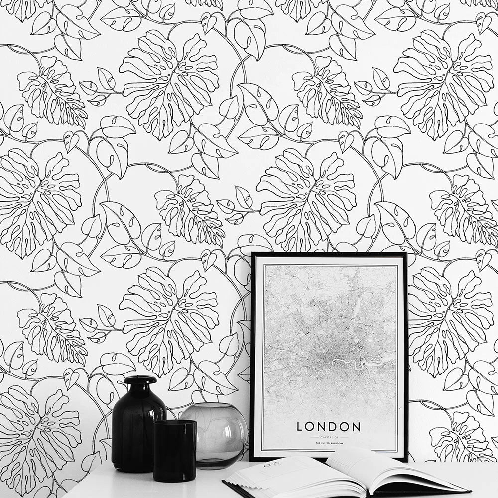 Linear Leaf Wallpaper - Black/White - NextWall - NW40508 - Premier Wallcovering