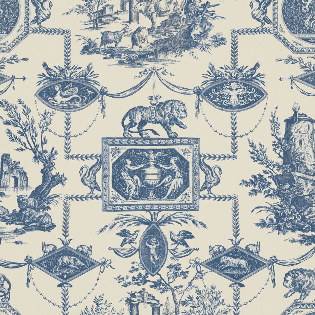 Lion Toile Wallpaper - Navy - Warner House - Premier Wallcovering