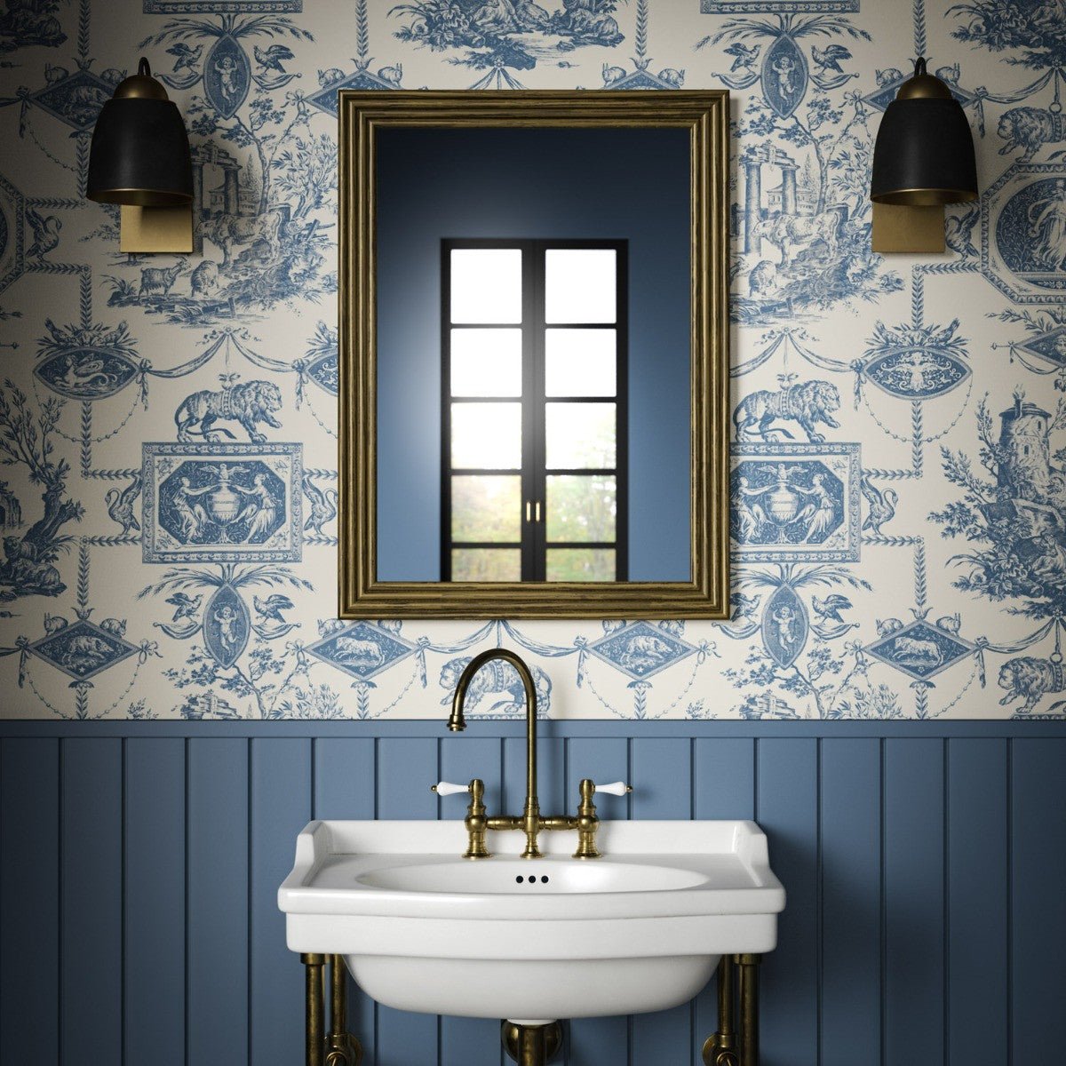 Lion Toile Wallpaper - Navy - Warner House - Premier Wallcovering