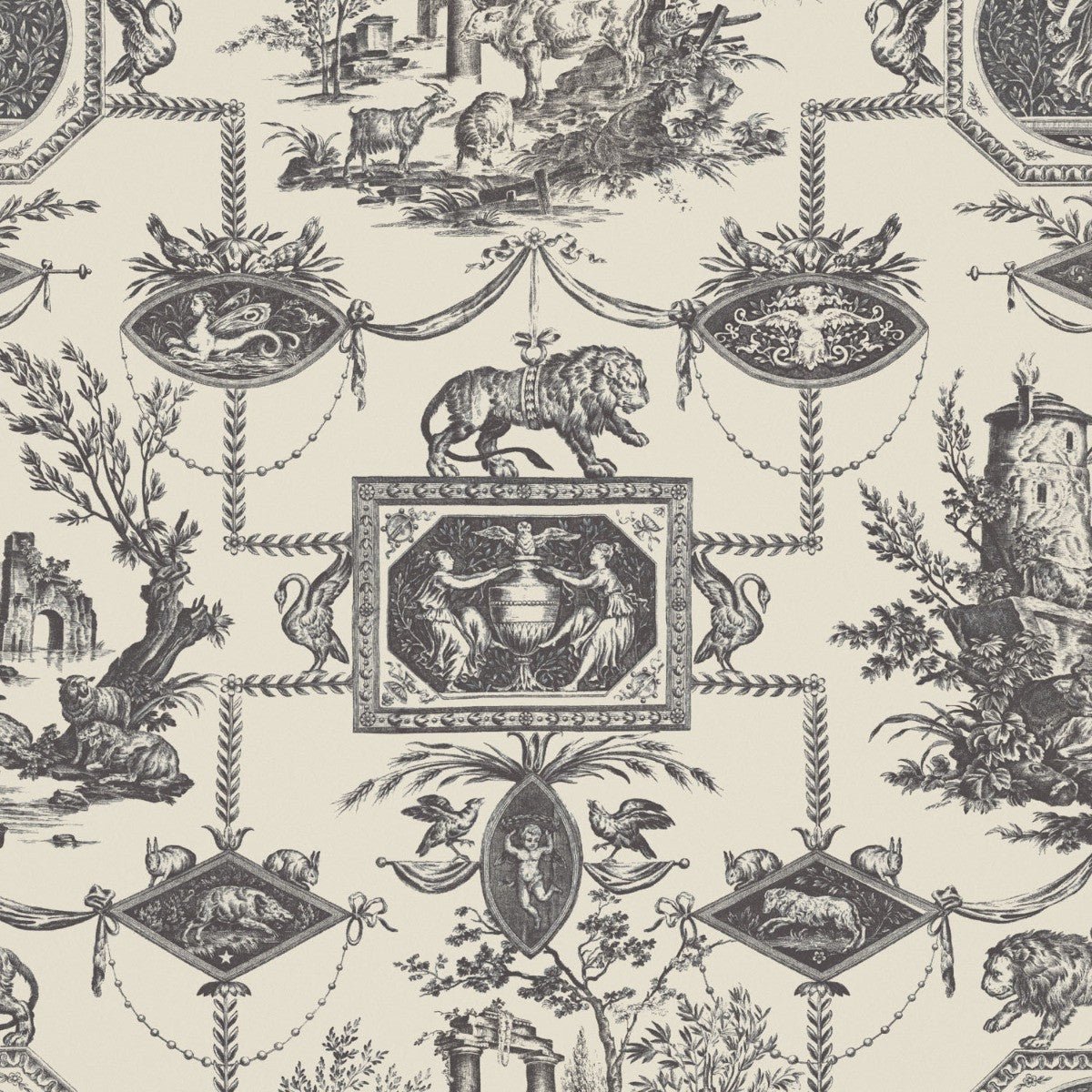 Lion Toile Wallpaper - Charcoal - Warner House - Premier Wallcovering