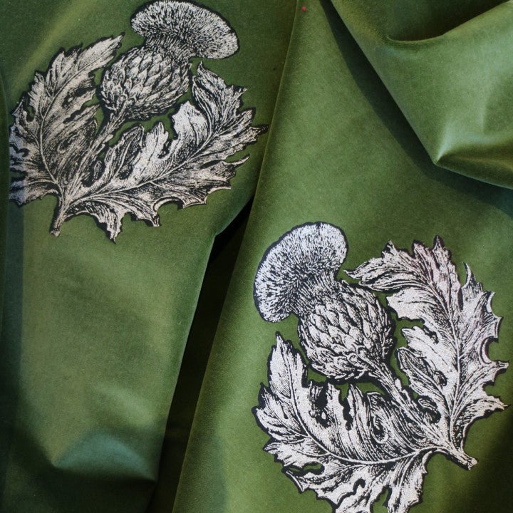 Little Thistle Velvet Fabric - Black & Pale Gold on Olive - Timorous Beasties - LTHL/8118/01 - Premier Wallcovering