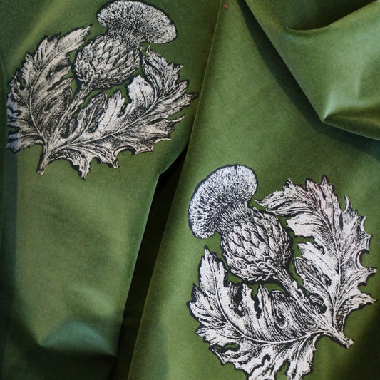 Little Thistle Velvet Fabric - Black & Pale Gold on Olive - Timorous Beasties - LTHL/8118/01 - Premier Wallcovering