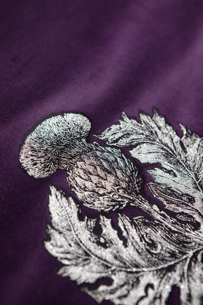 Little Thistle Velvet Fabric - Black & Pale Gold on Aubergine - Timorous Beasties - LTHL/8612/05 - Premier Wallcovering