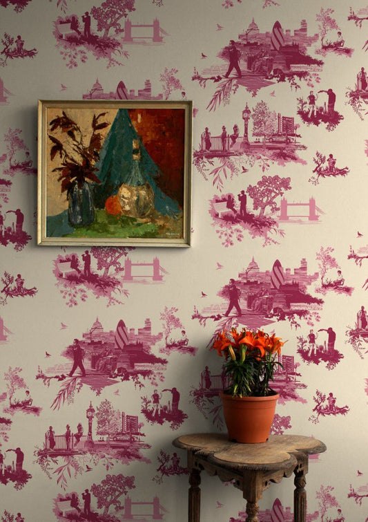 London Toile Wallpaper - Red & Pink on Cream - Timorous Beasties - TB/LTOIL/4004/01 - Premier Wallcovering