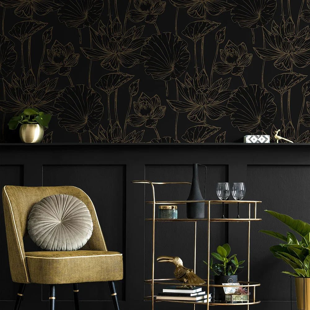 Lotus Garden Floral Wallpaper - Wrought Iron & Gold - NextWall - NW59710 - Premier Wallcovering