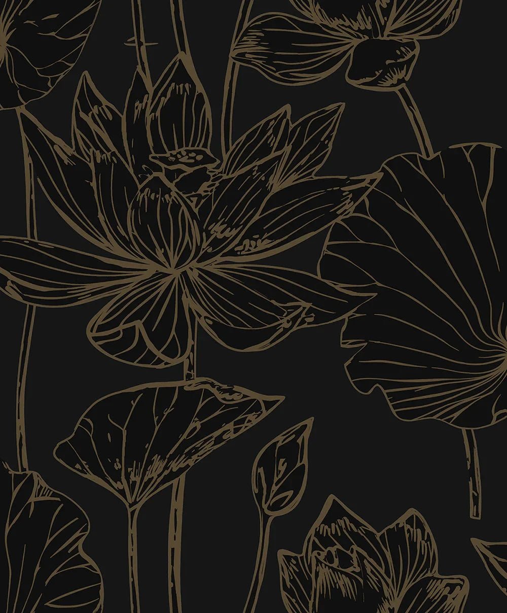 Lotus Garden Floral Wallpaper - Wrought Iron & Gold - NextWall - NW59710 - Premier Wallcovering
