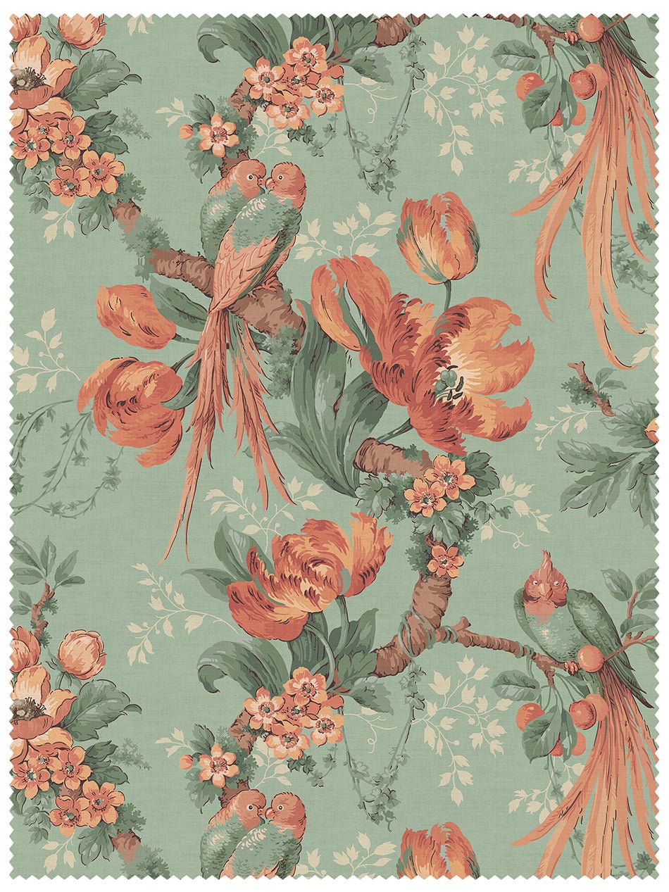 Lovebirds Recycled Velvet Fabric - Eggshell Green - Divine Savages - DVS173-LVEBRDS-GRN-VEL-MET - Premier Wallcovering