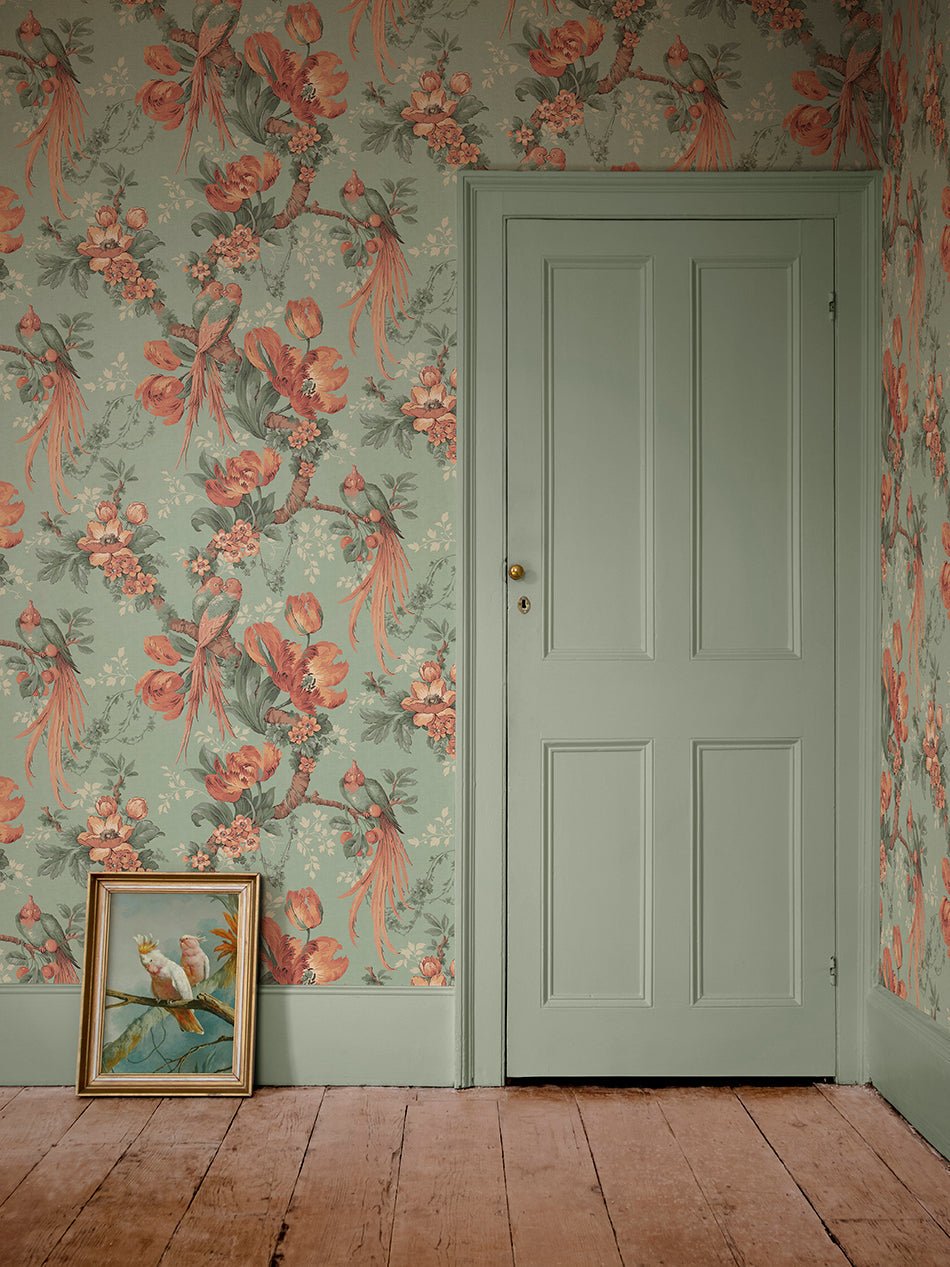 Lovebirds Wallpaper - Eggshell Green - Divine Savages - DVS173-LVEBRDS-GRN-WR - Premier Wallcovering