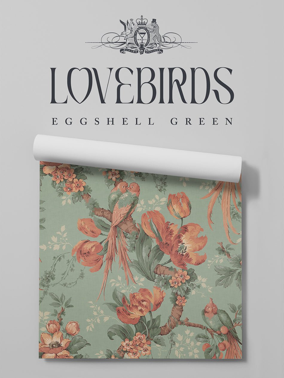 Lovebirds Wallpaper - Eggshell Green - Divine Savages - DVS173-LVEBRDS-GRN-WR - Premier Wallcovering