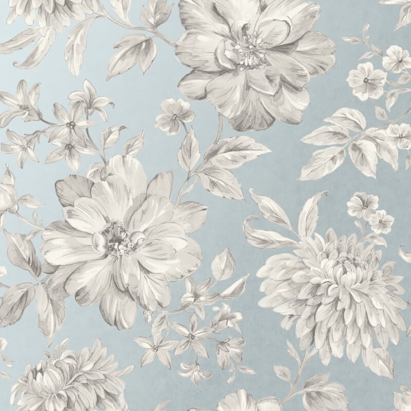 Lucia Floral Metallic Wallpaper - Blue/Grey - Crown - M1549 - Premier Wallcovering