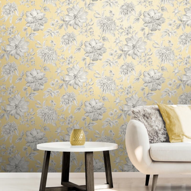 Lucia Floral Metallic Wallpaper - Yellow/Grey - Crown - M1550 - Premier Wallcovering